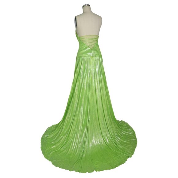 Vtg Size S-M Metallic Green Pleated Corset Bodice Floor Length Prom Gown Dress - Picture 5 of 6